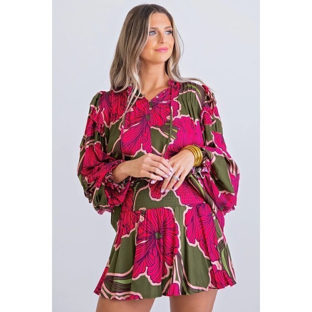 Karlie Magenta & Olive Floral Tiered Long Sleeve Blouse S